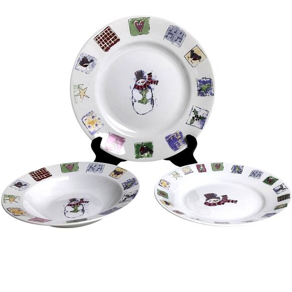 Gibson Concord Collection 2001 Snowman Patchwork 3-PC Place Setting-Excellent - Picture 1 of 8